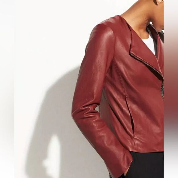 Vince Leather Moto Red Jacket Collarless Asymmetric Zip Size S - Picture 6 of 13